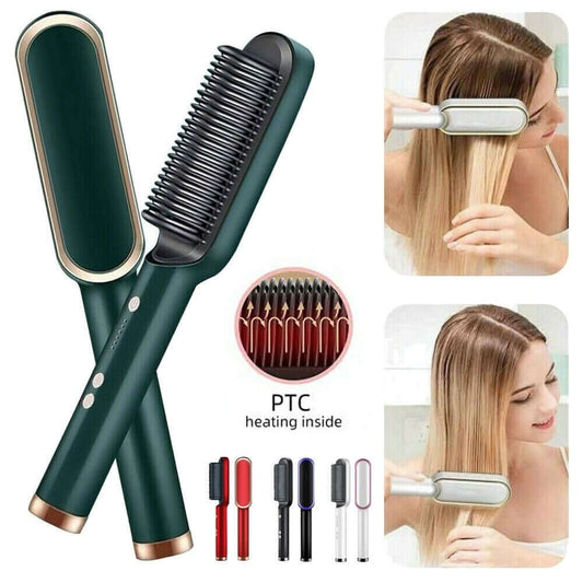 SIFAT MART 2-in-1 Hair Straightening Brush with ceramic bristles and sleek black design for smooth, shiny hair.