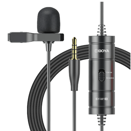 SIFAT MART BOYA BY-M1 professional lavalier microphone clipped to a clothing collar for clear audio recording.