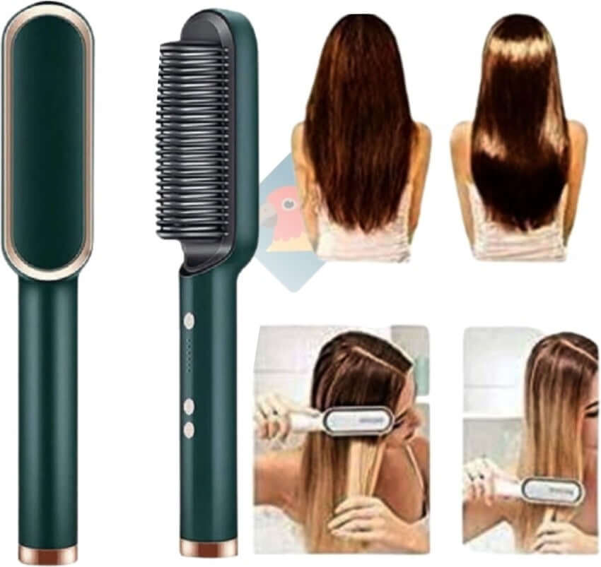 SIFAT MART 2-in-1 hair straightening brush with ceramic bristles and sleek black design for smooth, straight hair.