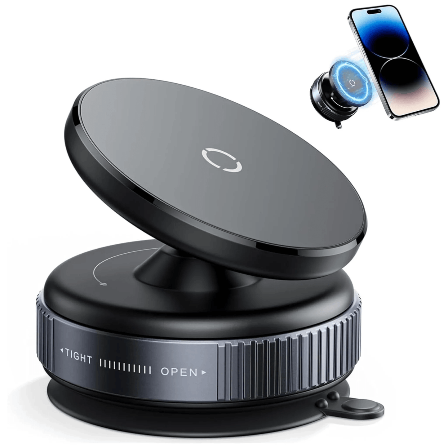 SIFAT MART 360° magnetic car mount phone holder attached to vehicle dashboard, holding smartphone securely.