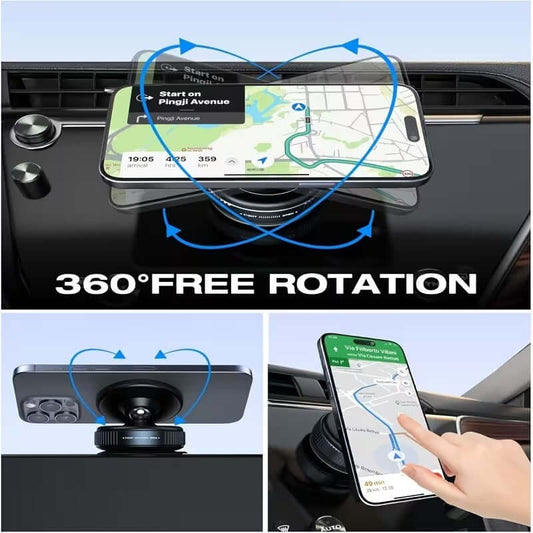SIFAT MART 360° magnetic car mount phone holder attached to car dashboard, holding a smartphone securely.