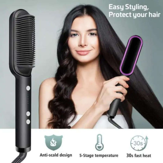 SIFAT MART 2-in-1 hair straightening brush with black and rose gold design, showing the brush head and handle.